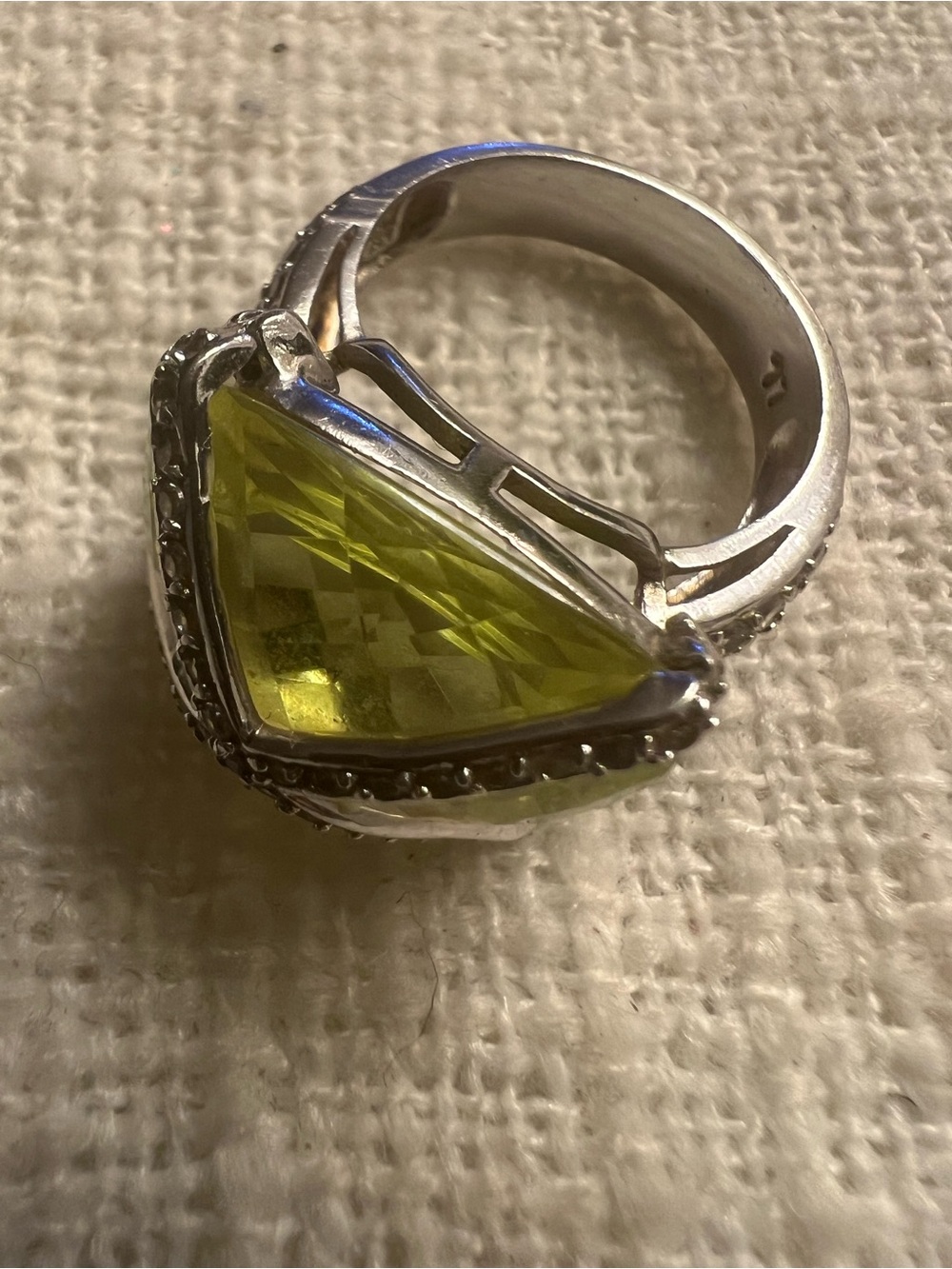 Silver Ring with Lime Green Faceted Gemstone and Pavé Accents